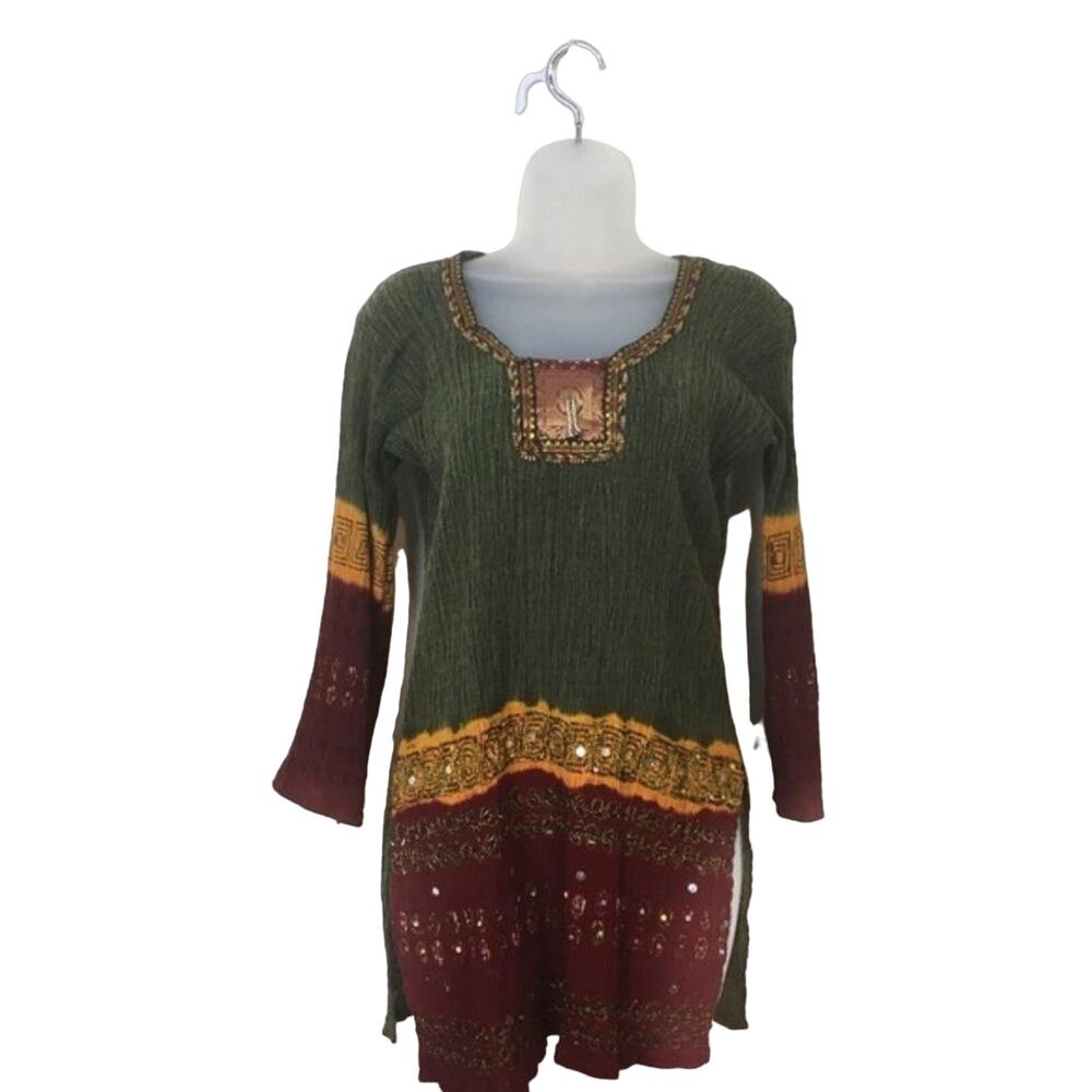Boho Crinkle Knit Tunic with Beading and Sequins Size Small Vintage Chic
